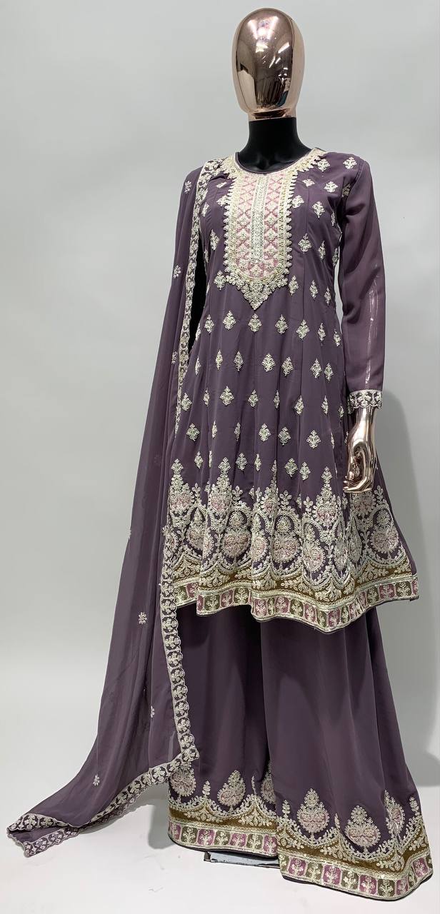 Lavender Colored Heavy Faux Georgette Sharara Suit With Designer Dupatta, Traditional Salwar Kameez For Women