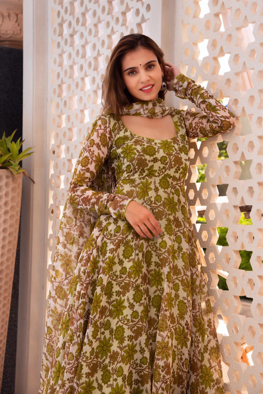 Trendy Printed Parrot Green Color Anarkali Gown Pant Pair With Dupatta Set