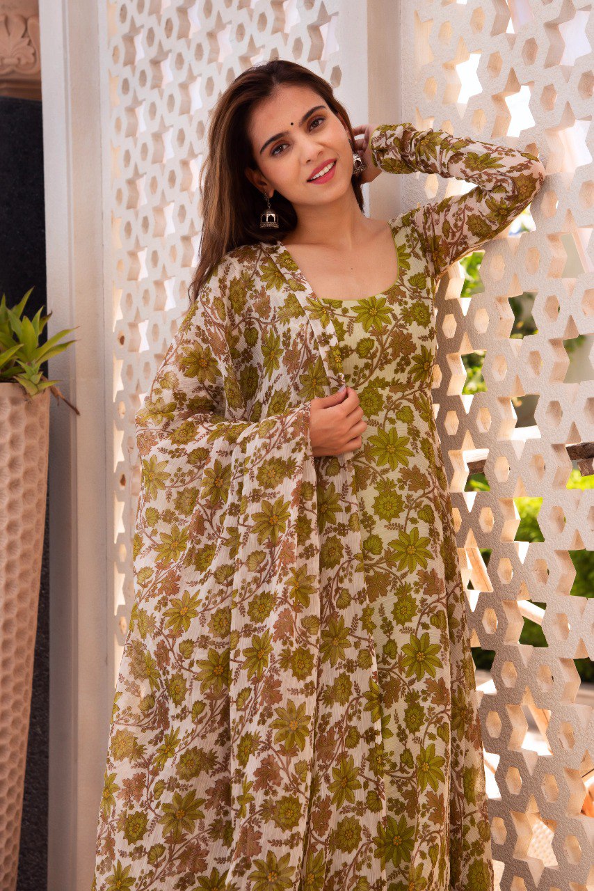 Trendy Printed Parrot Green Color Anarkali Gown Pant Pair With Dupatta Set