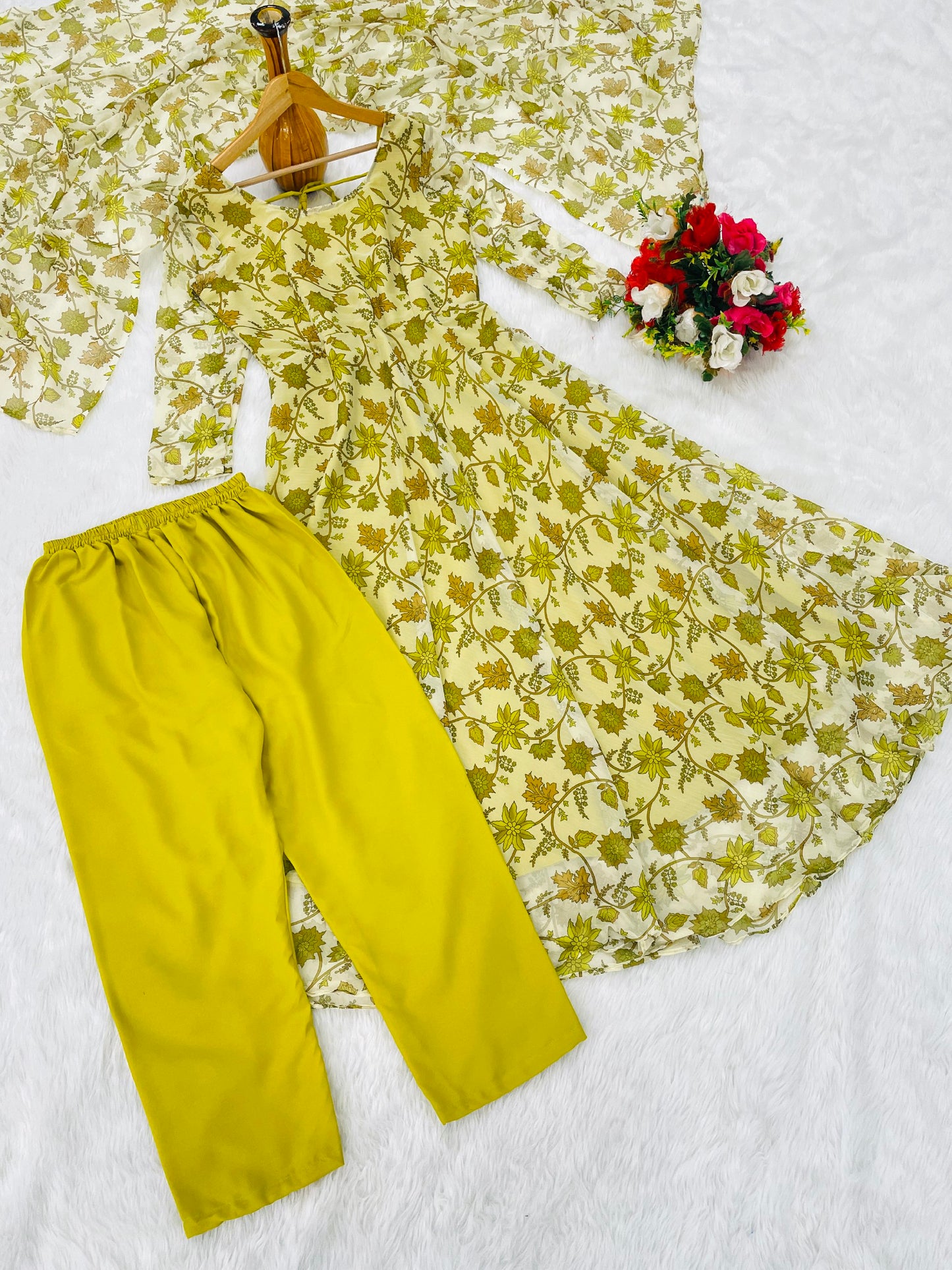 Trendy Printed Parrot Green Color Anarkali Gown Pant Pair With Dupatta Set