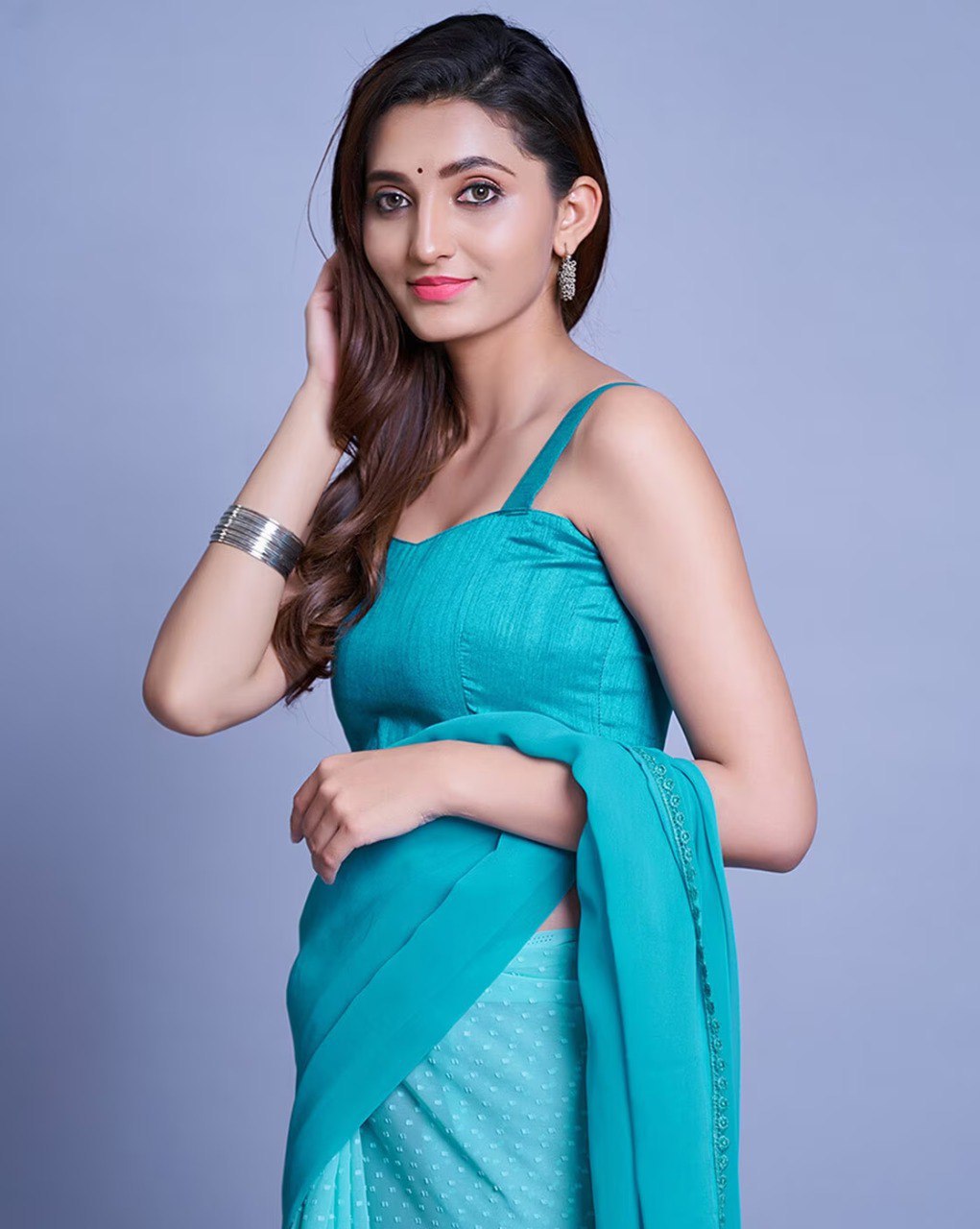 Women's Beutiful Faux Georgette Sky Blue Coloured Saree With Mono Benglori Silk Blouse