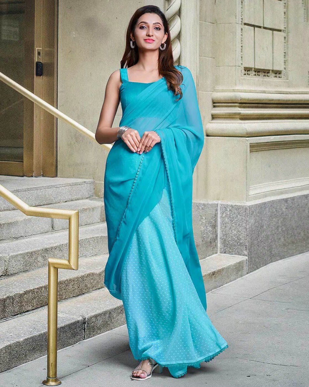 Women's Beutiful Faux Georgette Sky Blue Coloured Saree With Mono Benglori Silk Blouse