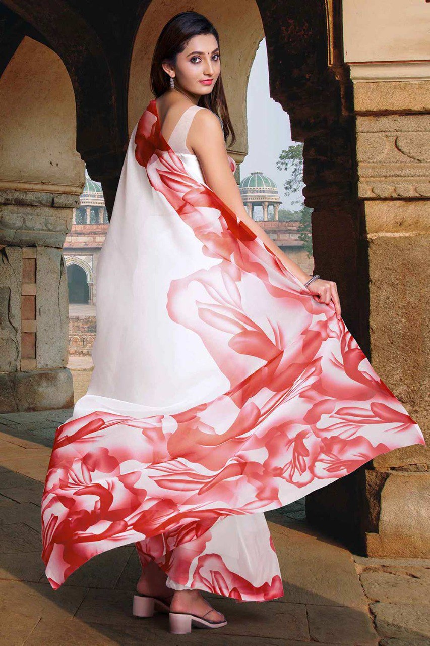 Women's White and Red Colour Printed Georgette Saree With Tafeta Silk Unstitched Blouse