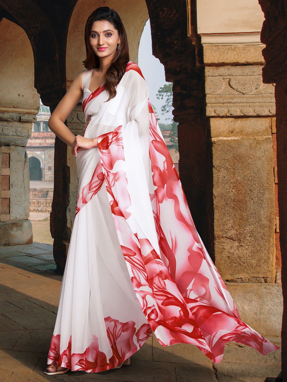 Women's White and Red Colour Printed Georgette Saree With Tafeta Silk Unstitched Blouse