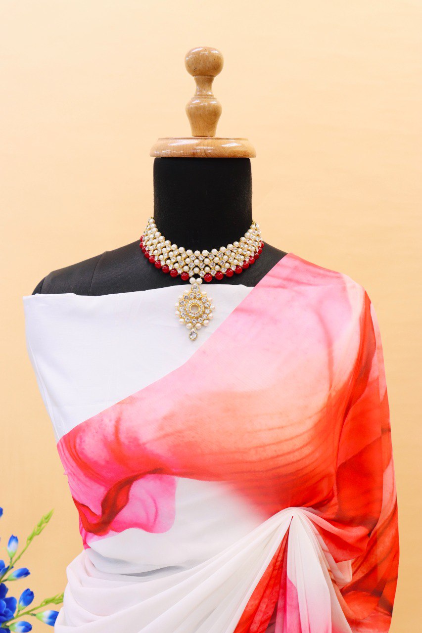Women's White and Red Colour Printed Georgette Saree With Tafeta Silk Unstitched Blouse