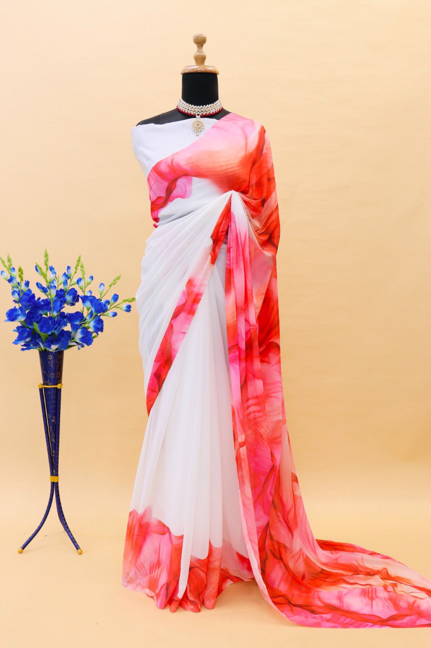 Women's White and Red Colour Printed Georgette Saree With Tafeta Silk Unstitched Blouse