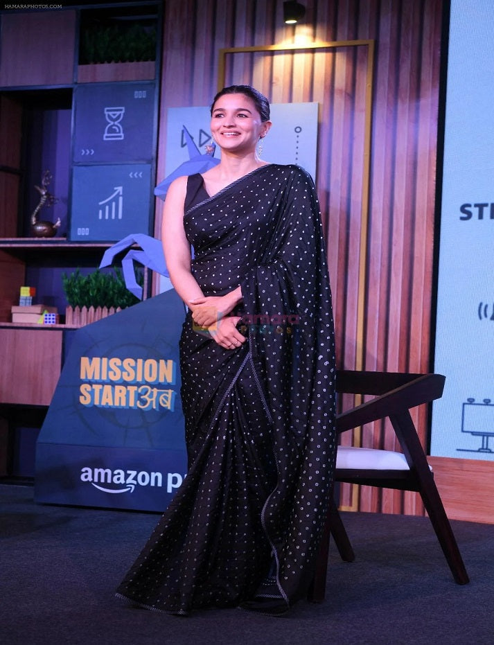 Women's Printed Georgette BLack Alia Bhatt Saree with Unstitched Blouse Piece