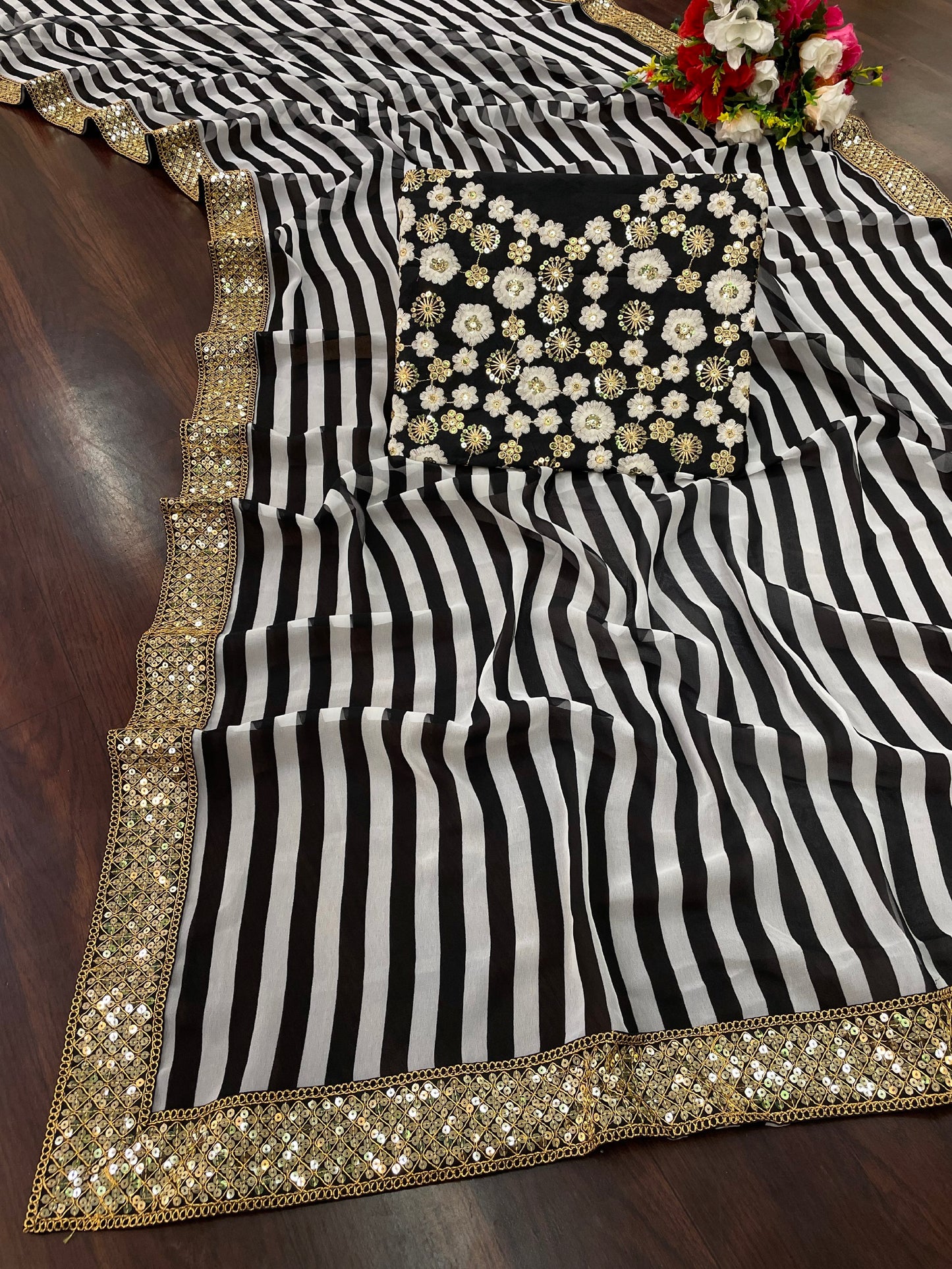 Women's Black and White Striped With Lace Embellsihed Georgette Saree With Tafeta Silk Blouse