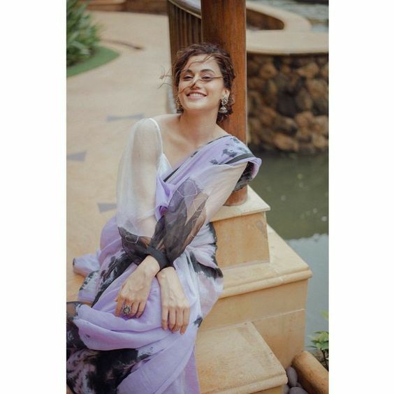 Bollywood celebrity wear lavender color faux georgette saree for women, printed saree for wedding, stylish party wear designer saree