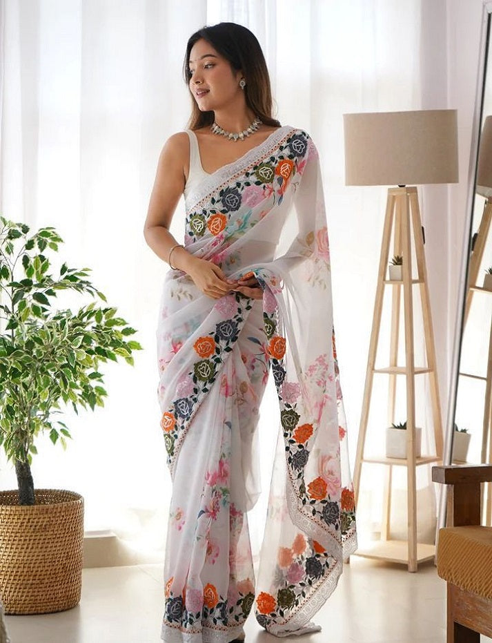 infloura Saree For Women's Pure georgette Silk With Lucknowi Thread Chikankari Work with 9Mm sequins work With Same Blouse Piece