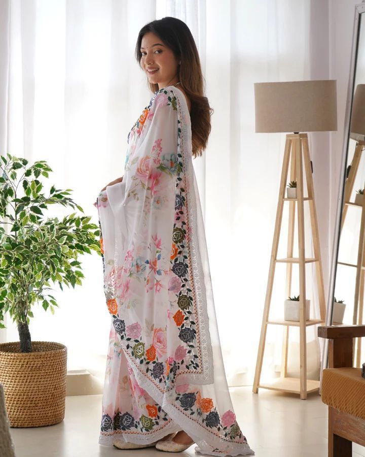 infloura Saree For Women's Pure georgette Silk With Lucknowi Thread Chikankari Work with 9Mm sequins work With Same Blouse Piece