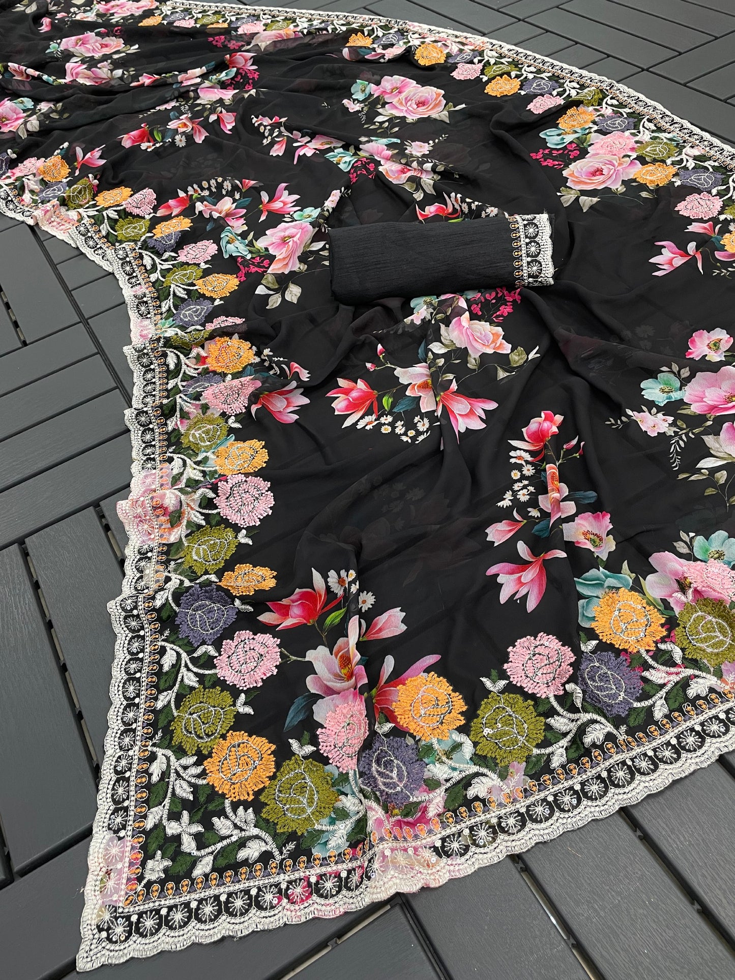 infloura Saree For Women's Pure georgette Silk With Lucknowi Thread Chikankari Work with 9Mm sequins work With Same Blouse Piece
