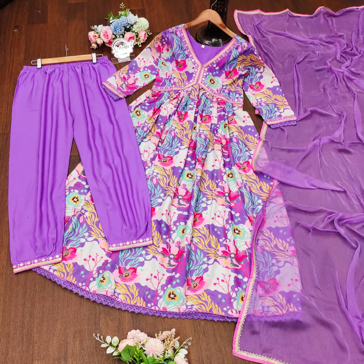 Sky & Purple Muslin Anarkali Kurti Long Gown Afghani Pant With Dupatta Set Designer Kurti Set Printed Anarkali Gown Suit Summer Wear Kurti 3PC Kurti