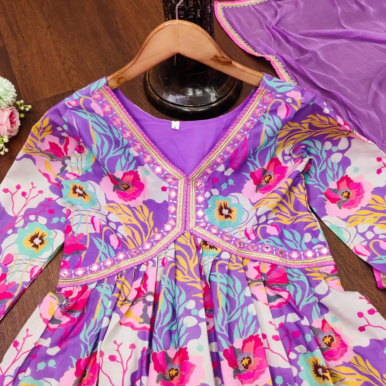 Sky & Purple Muslin Anarkali Kurti Long Gown Afghani Pant With Dupatta Set Designer Kurti Set Printed Anarkali Gown Suit Summer Wear Kurti 3PC Kurti