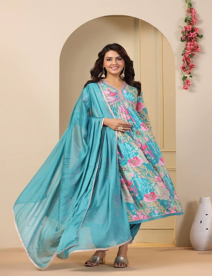 Sky & Purple Muslin Anarkali Kurti Long Gown Afghani Pant With Dupatta Set Designer Kurti Set Printed Anarkali Gown Suit Summer Wear Kurti 3PC Kurti