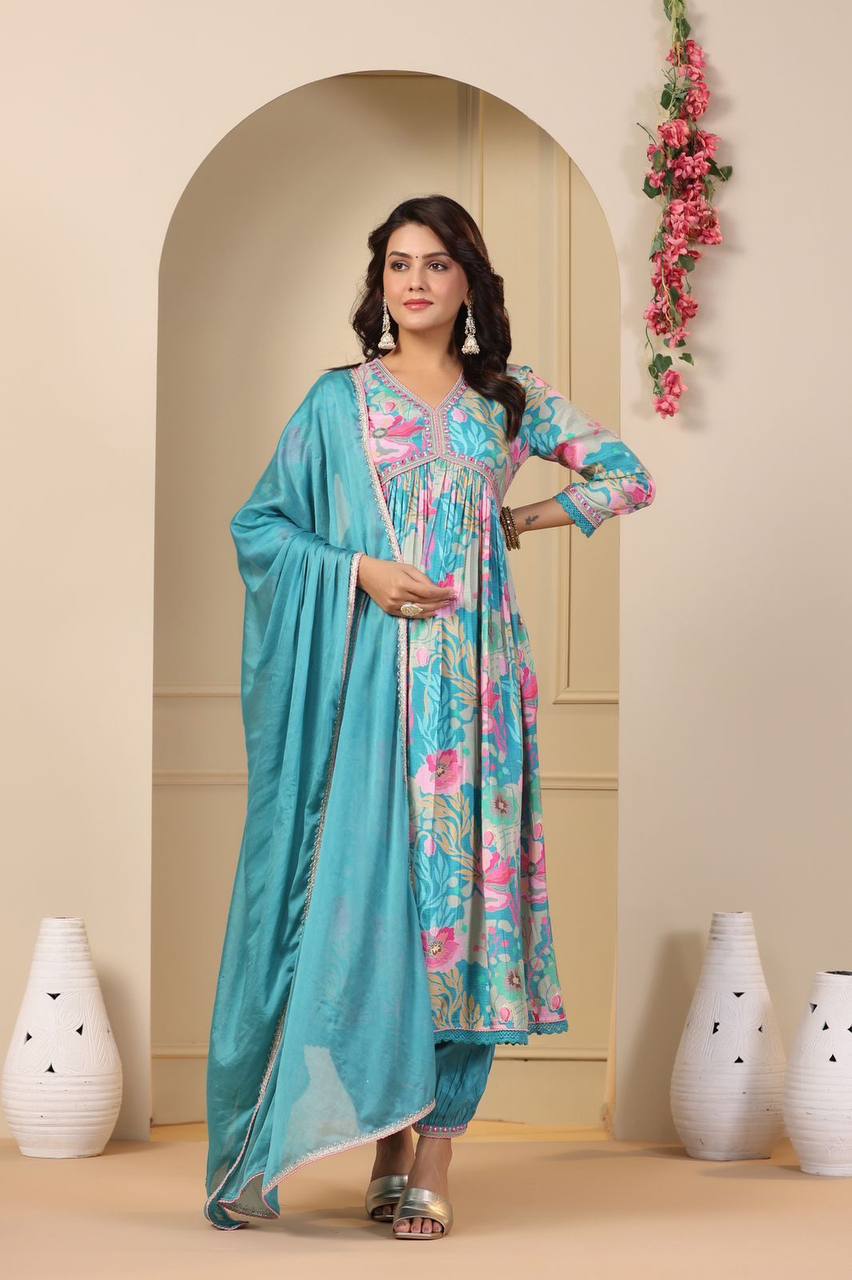 Sky & Purple Muslin Anarkali Kurti Long Gown Afghani Pant With Dupatta Set Designer Kurti Set Printed Anarkali Gown Suit Summer Wear Kurti 3PC Kurti