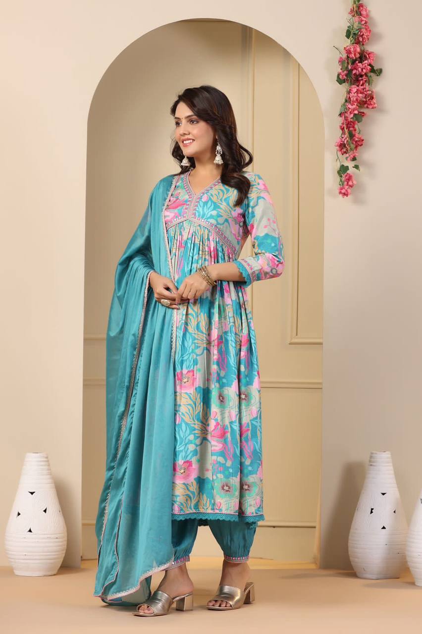 Sky & Purple Muslin Anarkali Kurti Long Gown Afghani Pant With Dupatta Set Designer Kurti Set Printed Anarkali Gown Suit Summer Wear Kurti 3PC Kurti