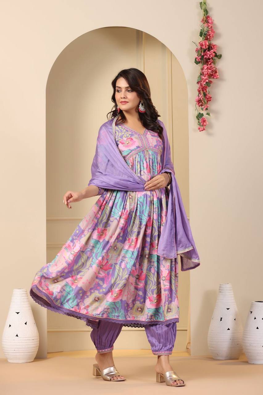 Sky & Purple Muslin Anarkali Kurti Long Gown Afghani Pant With Dupatta Set Designer Kurti Set Printed Anarkali Gown Suit Summer Wear Kurti 3PC Kurti