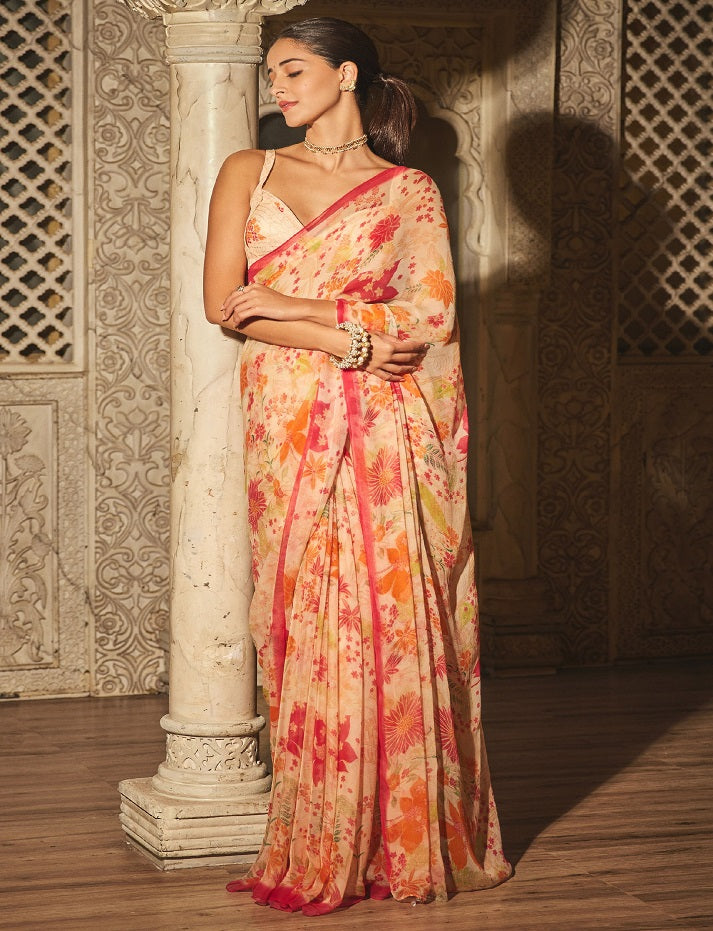 Women's Printed Pure Georgette Lace Boardered Saree With Unstitched Blouse Piece
