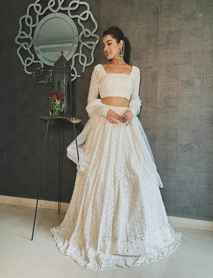 White Georgette Lehenga Choli With Embroidery Sequence Work And Georgette Dupatta For Women , Bridesmaid Lehenga