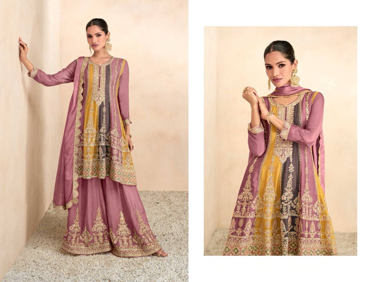 Pink, Grey & Yellow Strip Chinon Embroidered Stitched Sharara Suit Set With Dupatta