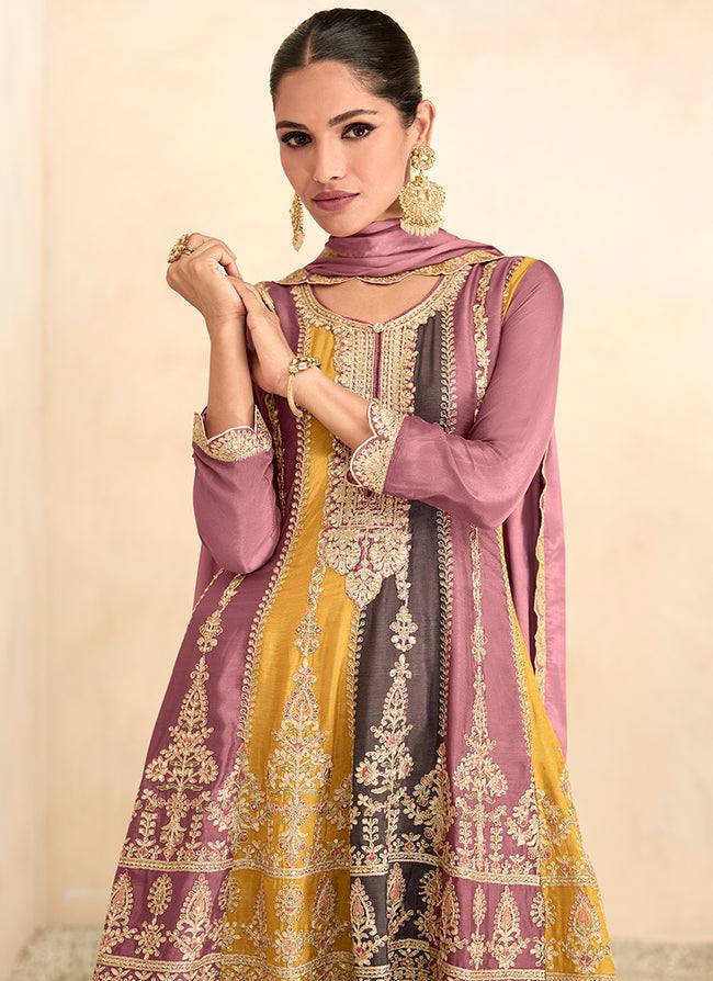 Pink, Grey & Yellow Strip Chinon Embroidered Stitched Sharara Suit Set With Dupatta