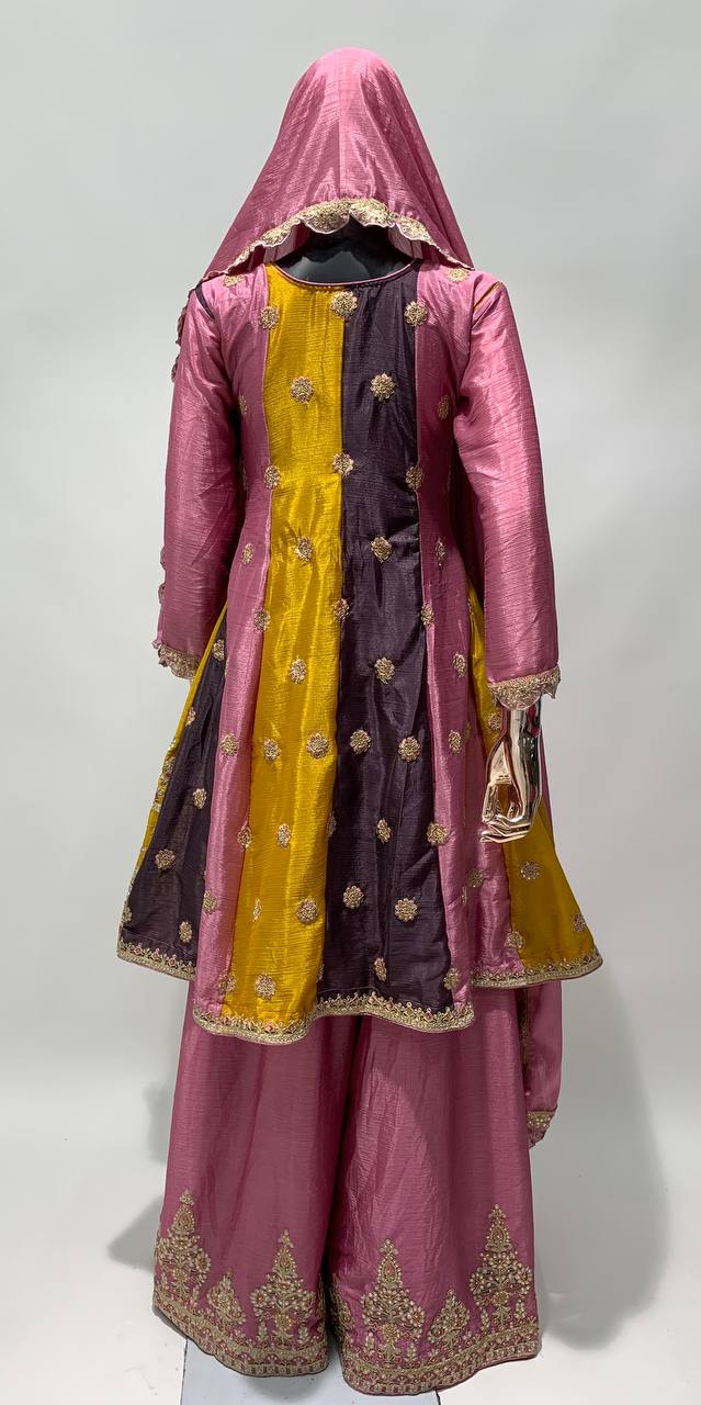 Pink, Grey & Yellow Strip Chinon Embroidered Stitched Sharara Suit Set With Dupatta