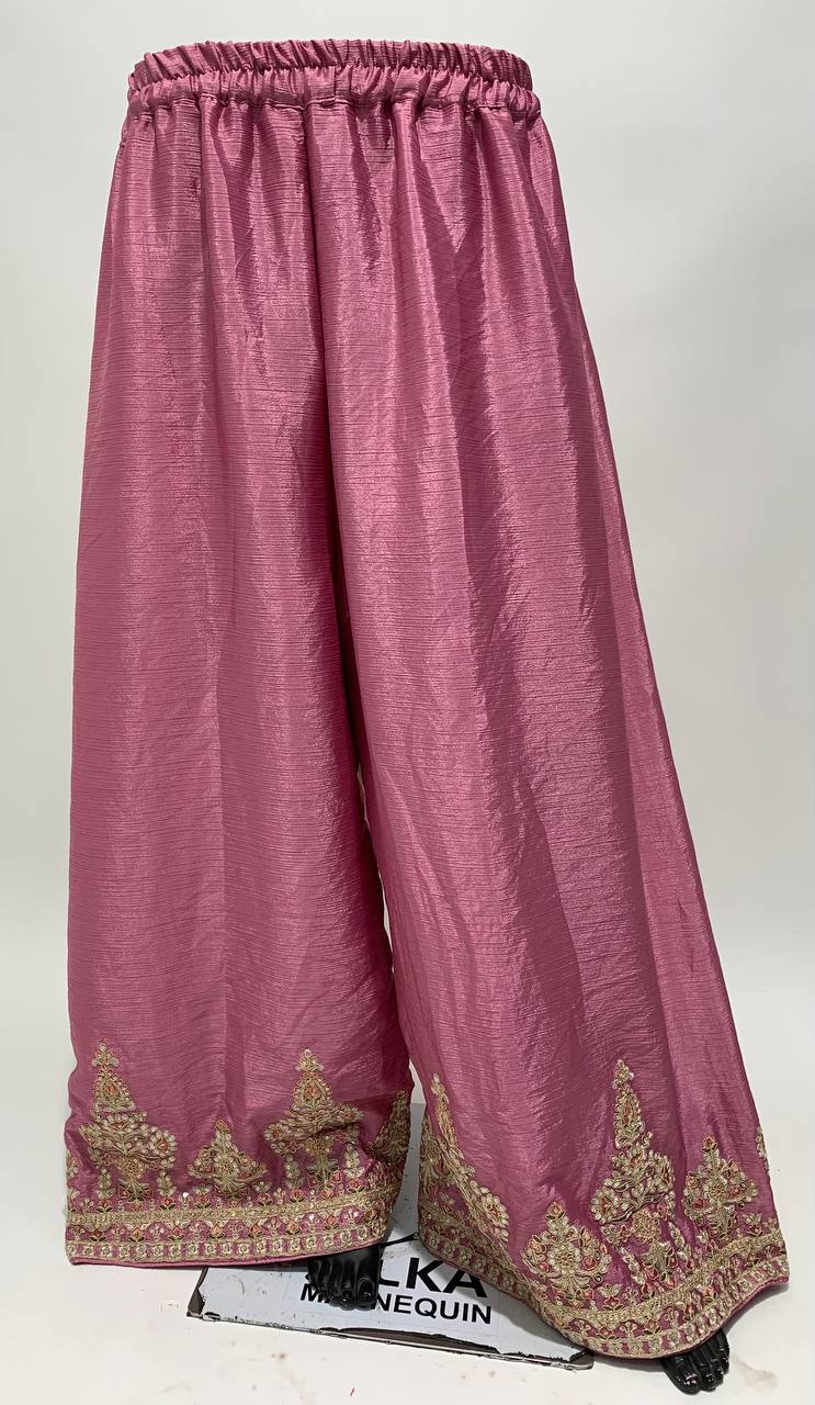 Pink, Grey & Yellow Strip Chinon Embroidered Stitched Sharara Suit Set With Dupatta