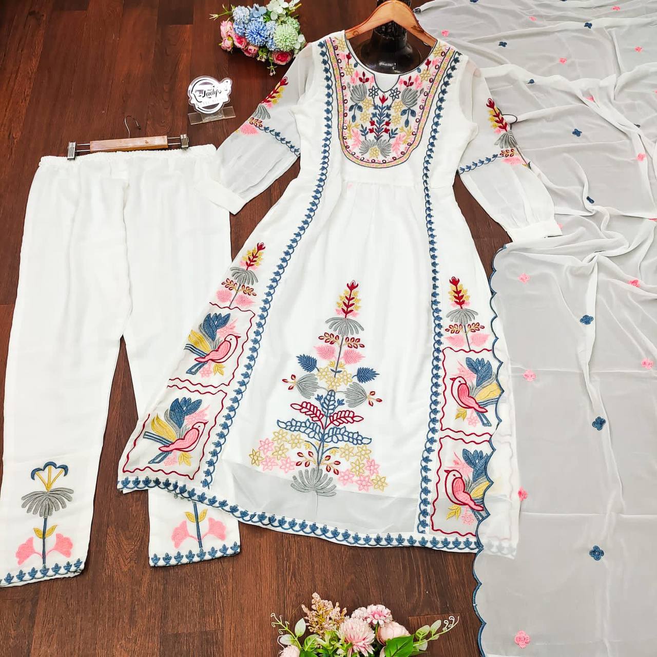 White Embroidered Heavy Georgette Kurta Set with Palazzo Pant and Dupatta