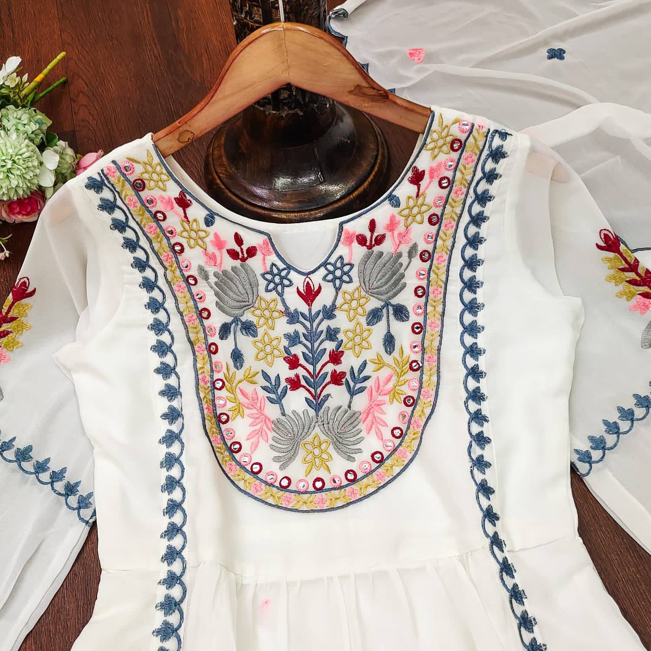 White Embroidered Heavy Georgette Kurta Set with Palazzo Pant and Dupatta