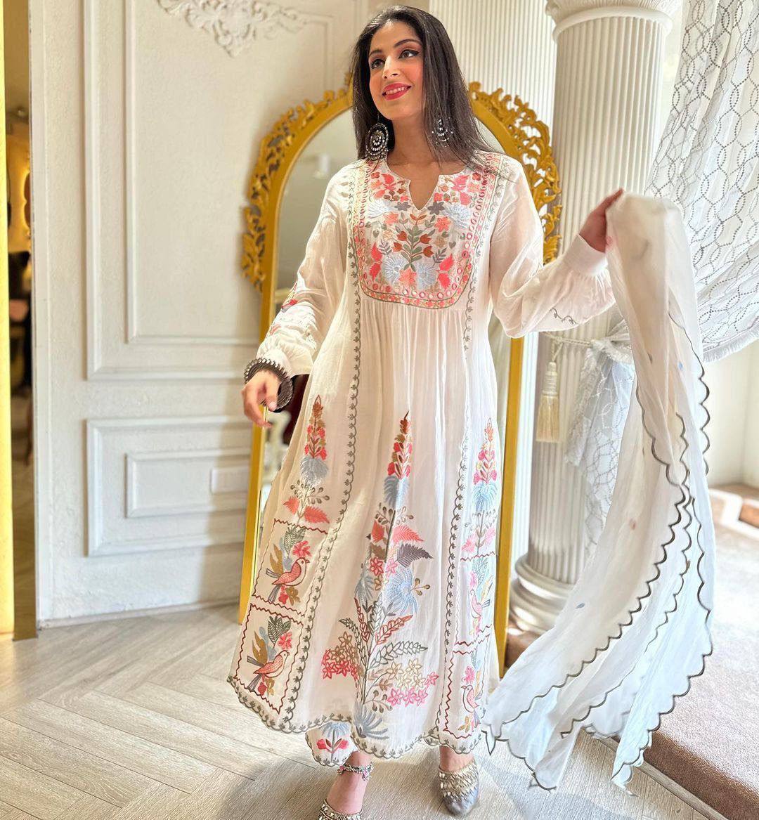 White Embroidered Heavy Georgette Kurta Set with Palazzo Pant and Dupatta