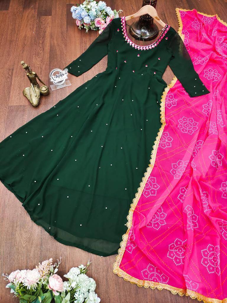 Green Women's Solid Georgette Gown Kurta with Dupatta, Long Kurti Ethnic Dress Set for All Occasions.
