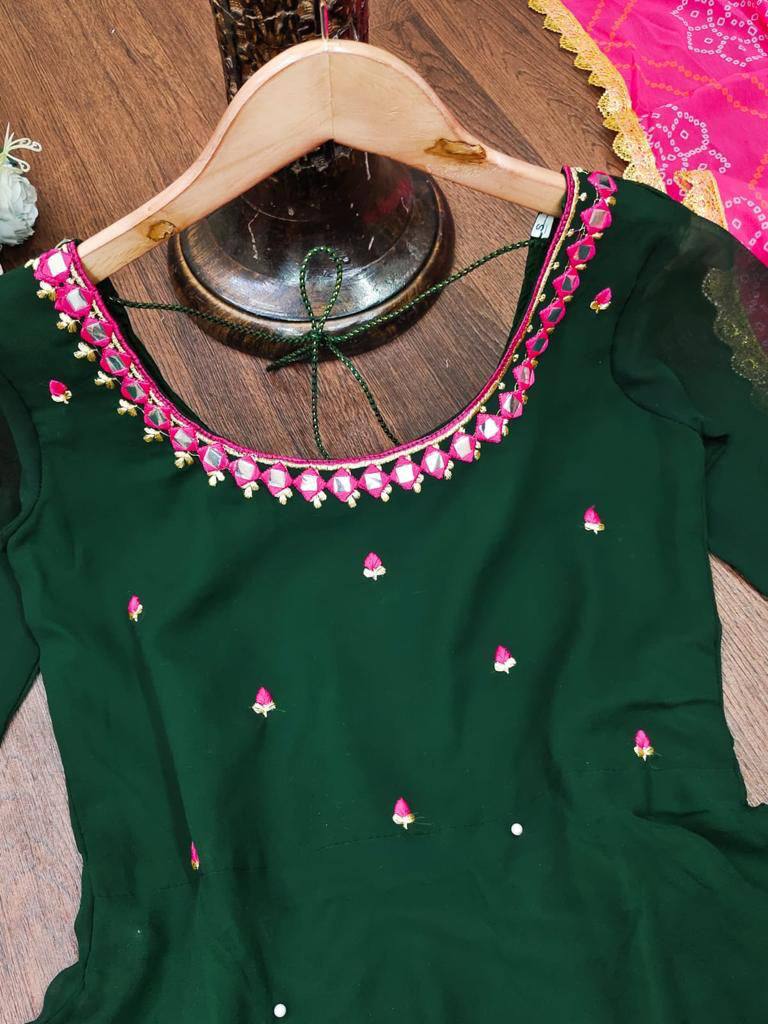 Green Women's Solid Georgette Gown Kurta with Dupatta, Long Kurti Ethnic Dress Set for All Occasions.