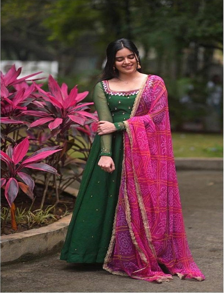 Green Women's Solid Georgette Gown Kurta with Dupatta, Long Kurti Ethnic Dress Set for All Occasions.