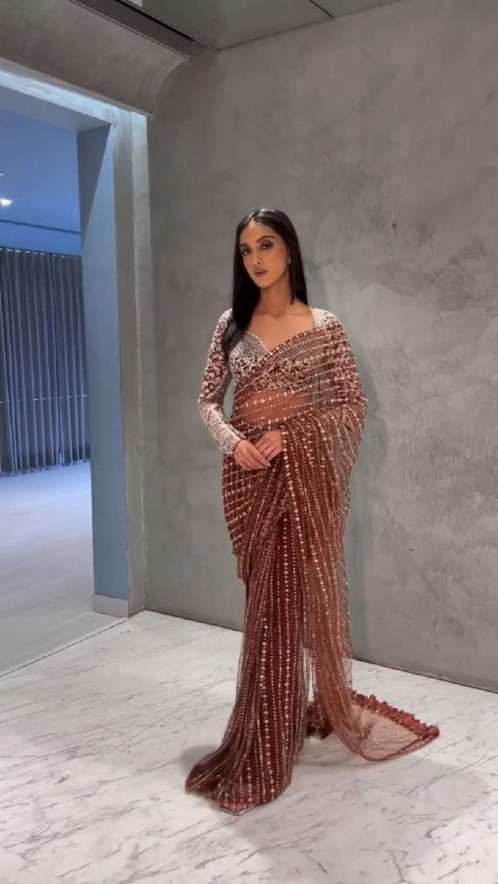 Brown Elegant Butterfly Mono Net Saree With Exquisite Thread And Sequin Work Party Wear Saree For Womens