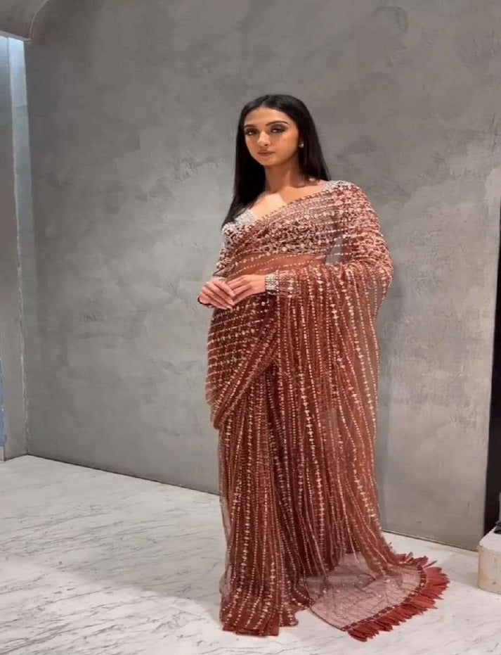 Brown Elegant Butterfly Mono Net Saree With Exquisite Thread And Sequin Work Party Wear Saree For Womens