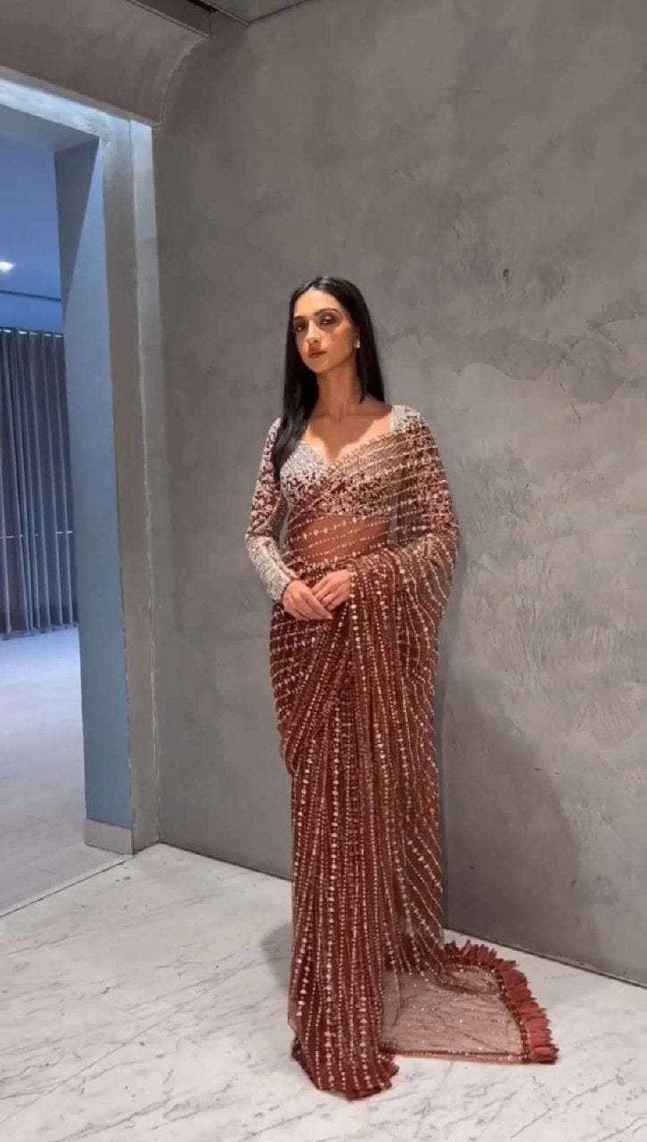 Brown Elegant Butterfly Mono Net Saree With Exquisite Thread And Sequin Work Party Wear Saree For Womens