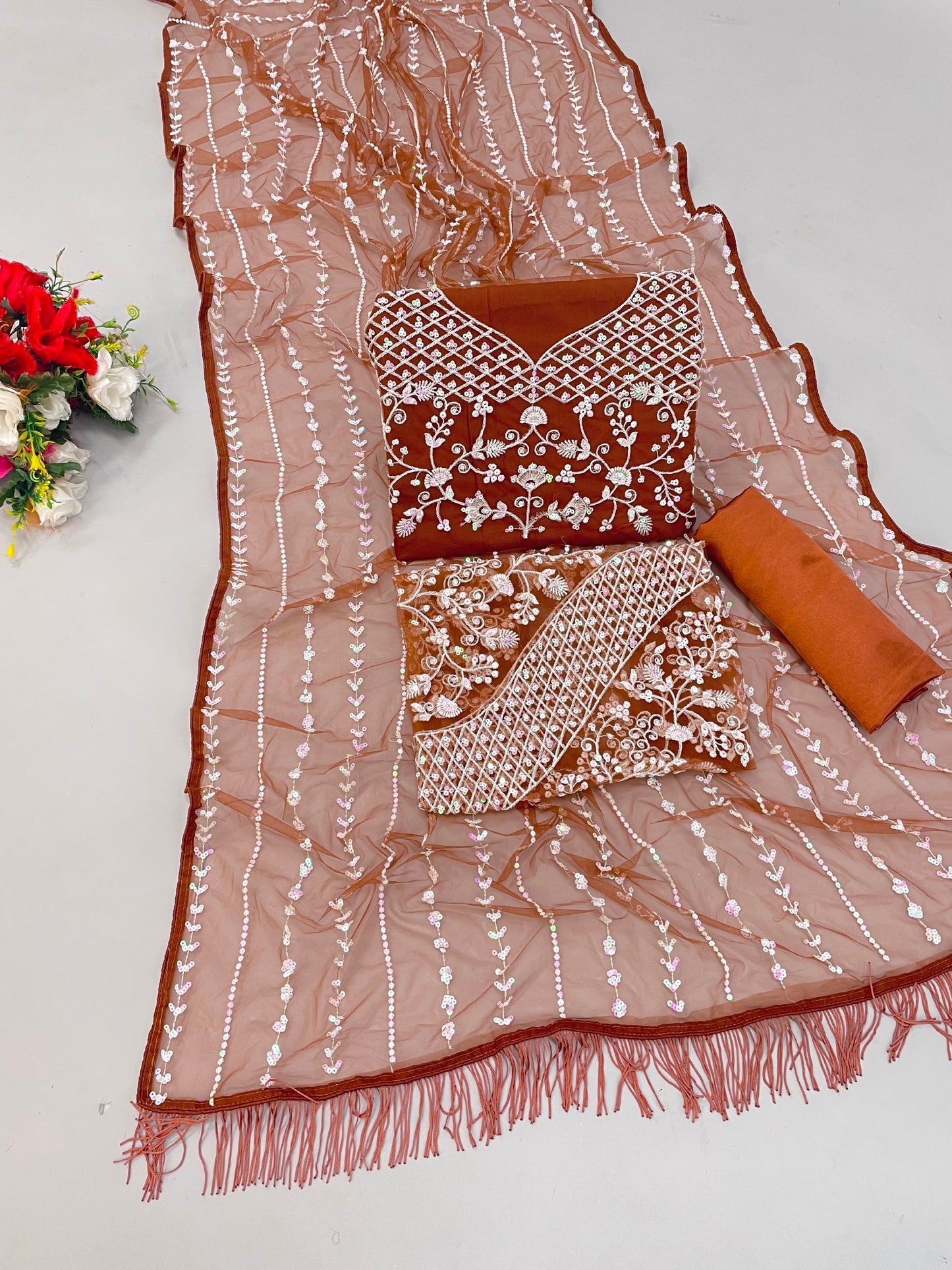 Brown Elegant Butterfly Mono Net Saree With Exquisite Thread And Sequin Work Party Wear Saree For Womens