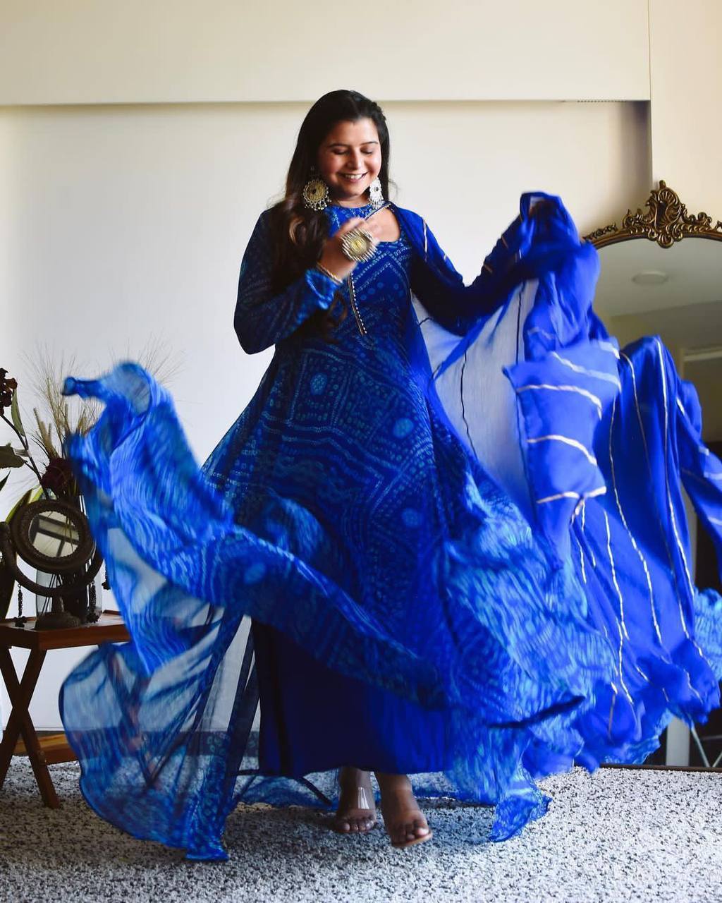 Blue & Purple New Bandhani Faux Georgette Anarkali Gown with printed Dupptta