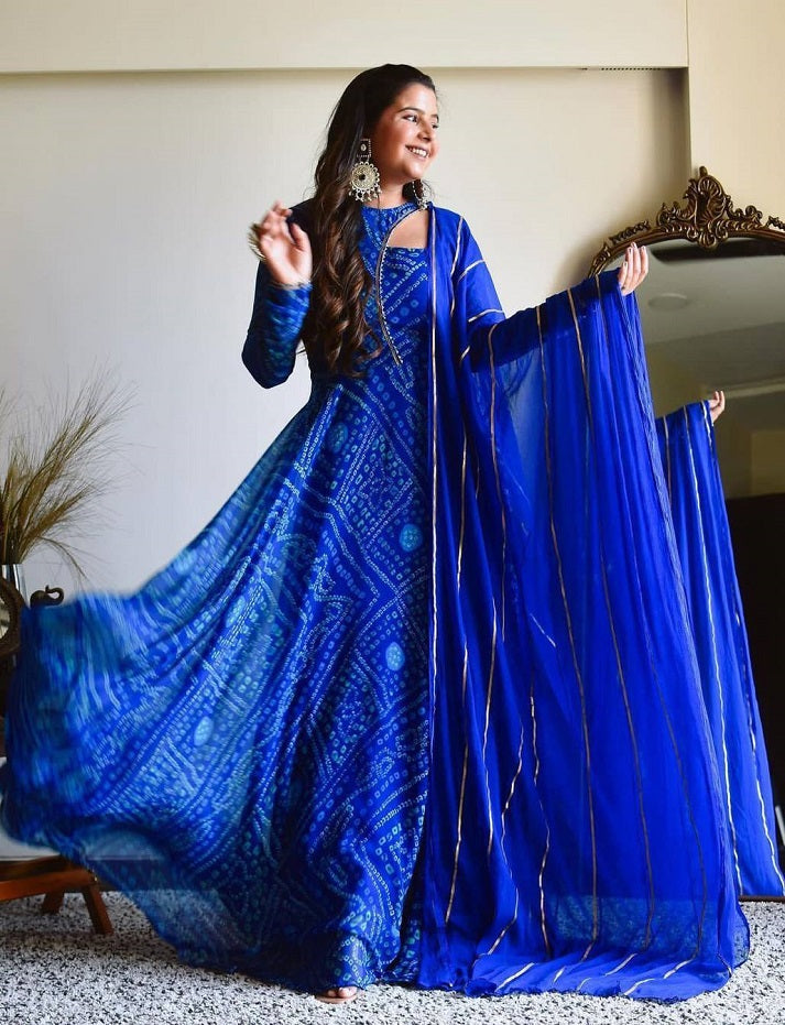 Blue & Purple New Bandhani Faux Georgette Anarkali Gown with printed Dupptta