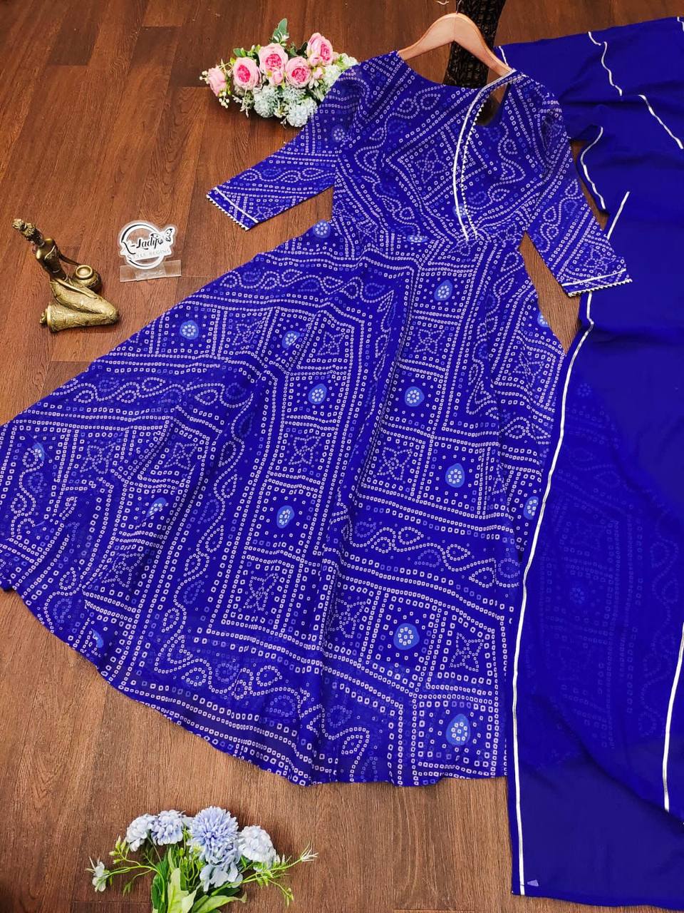 Blue & Purple New Bandhani Faux Georgette Anarkali Gown with printed Dupptta