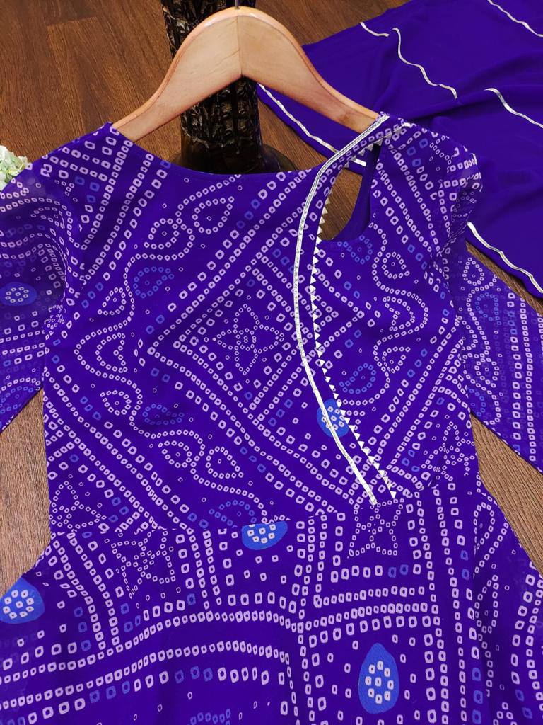 Blue & Purple New Bandhani Faux Georgette Anarkali Gown with printed Dupptta