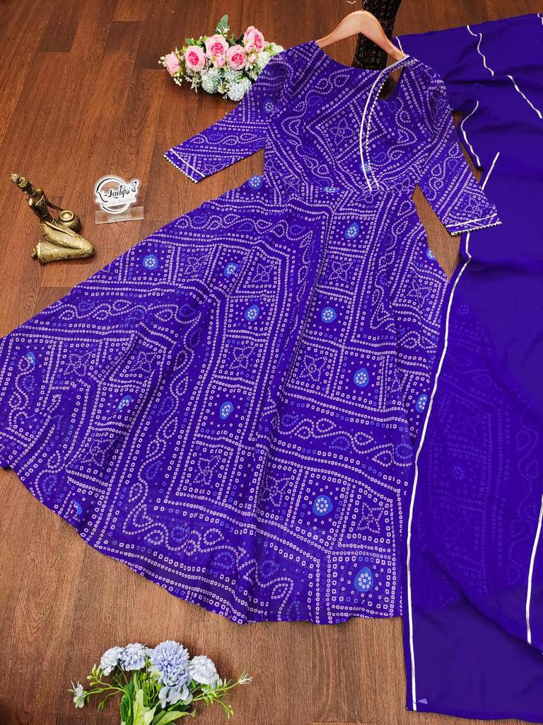 Blue & Purple New Bandhani Faux Georgette Anarkali Gown with printed Dupptta
