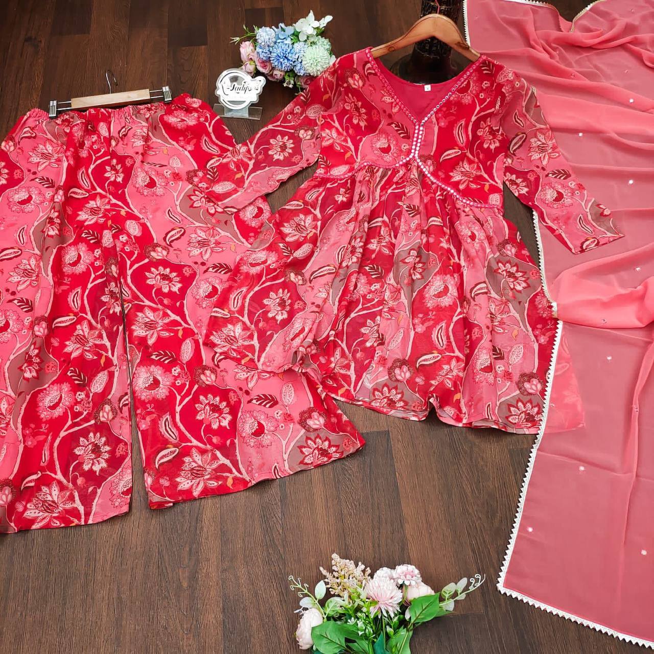 Red Beautiful foux Georgette digital printed gown with mirror work Dupptta & printed Sarara plazo