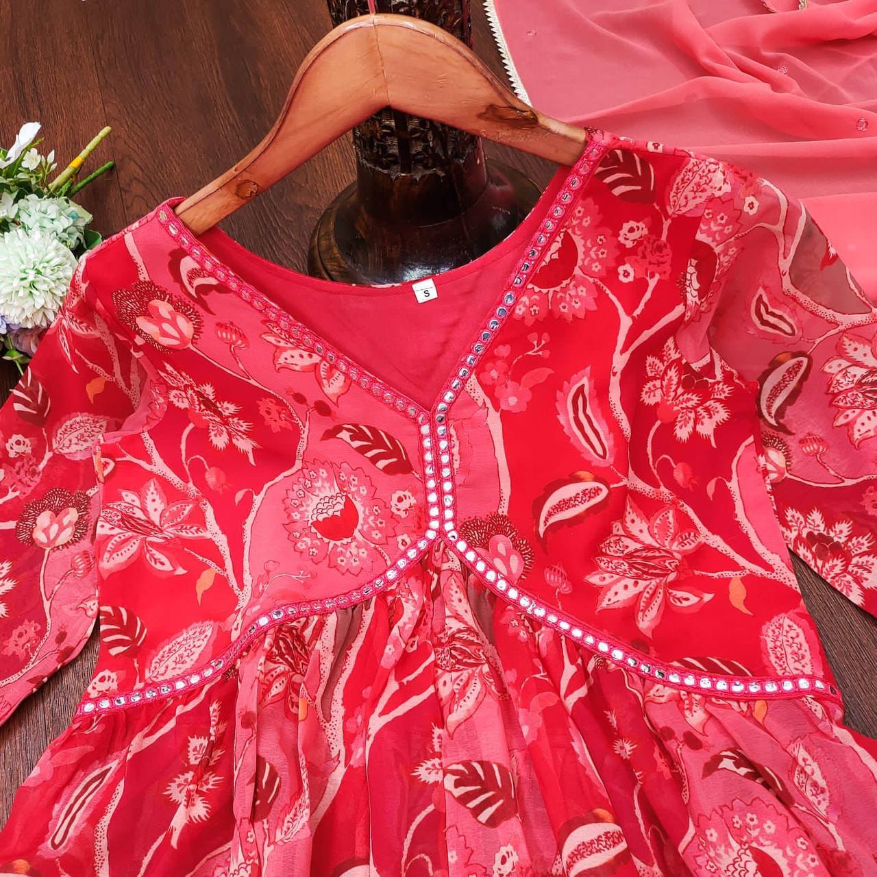 Red Beautiful foux Georgette digital printed gown with mirror work Dupptta & printed Sarara plazo