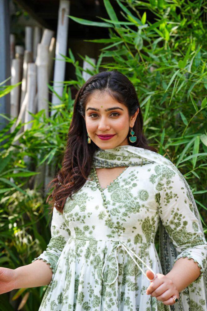 Beautiful Rayon printed gown with Pom Pom lace on nack and printed Pant & Dupatta