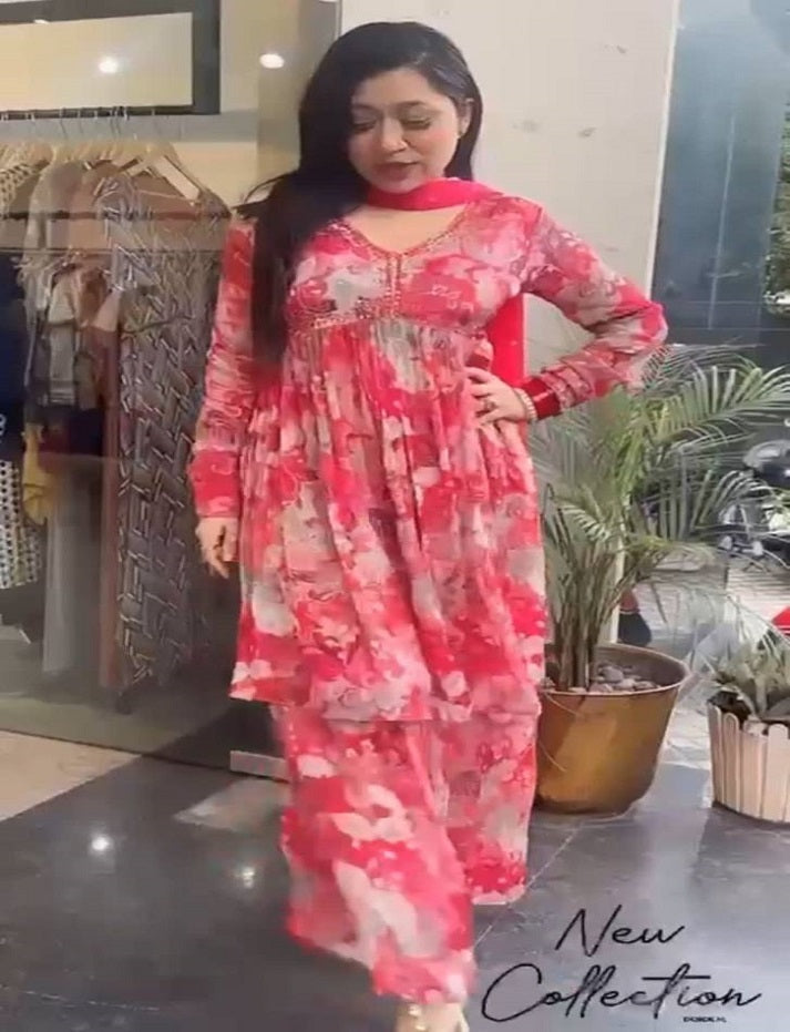 Red Beautiful foux Georgette digital printed gown with mirror work Dupptta & printed Sarara plazo