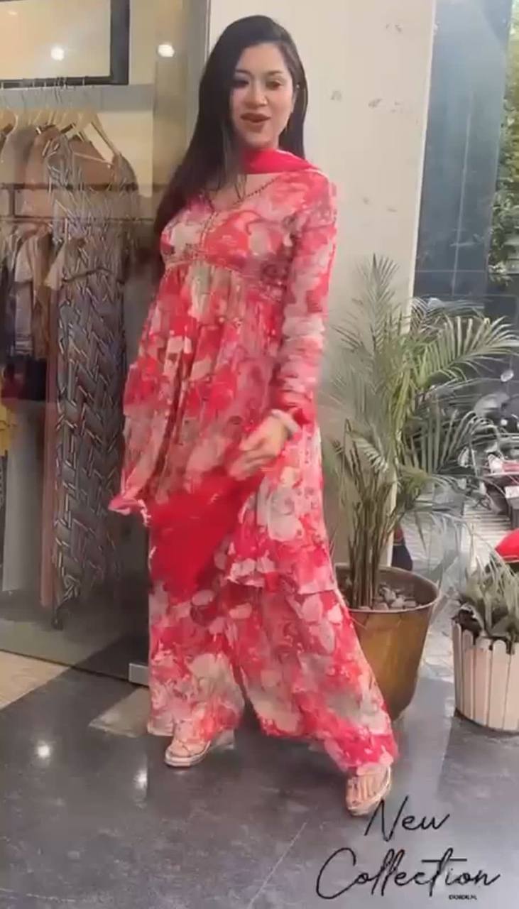 Red Beautiful foux Georgette digital printed gown with mirror work Dupptta & printed Sarara plazo