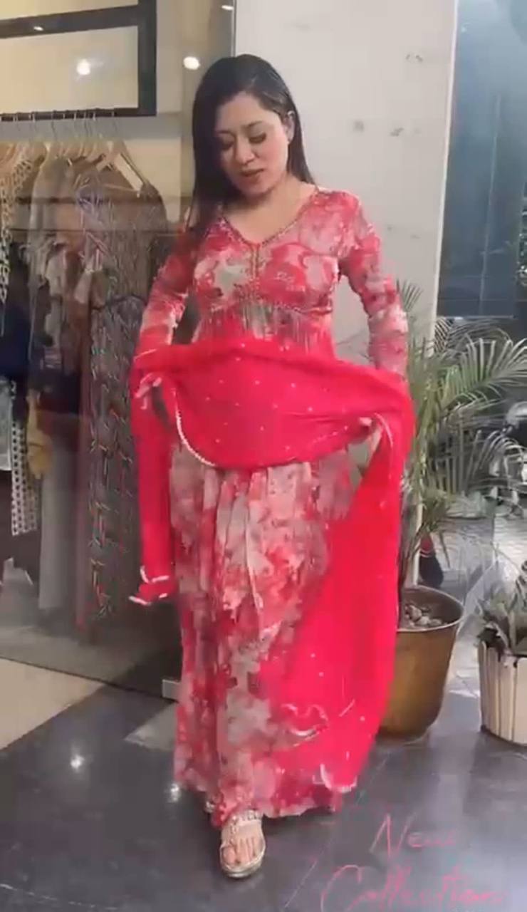 Red Beautiful foux Georgette digital printed gown with mirror work Dupptta & printed Sarara plazo