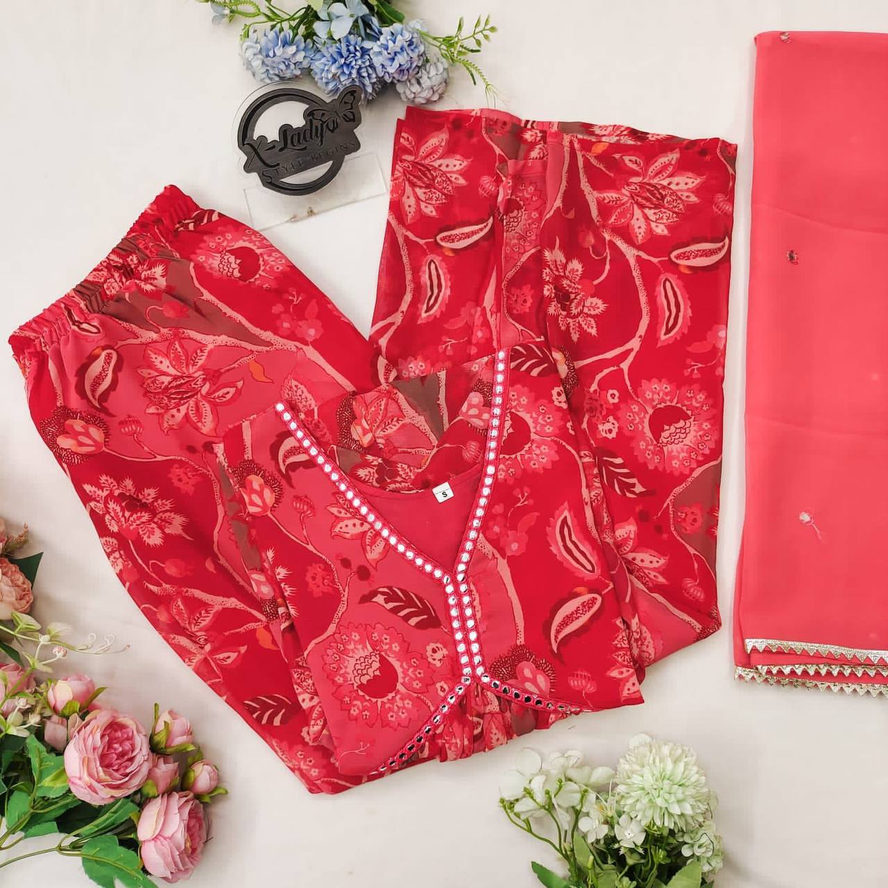 Red Beautiful foux Georgette digital printed gown with mirror work Dupptta & printed Sarara plazo